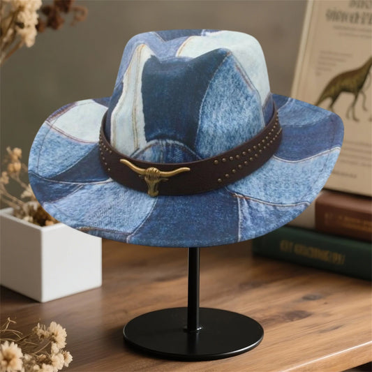 Vintage Denim Cowboy Hat Unisex With Bull Head Belt Brim