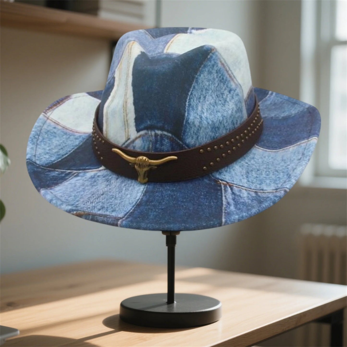 Vintage Denim Cowboy Hat Unisex With Bull Head Belt Brim