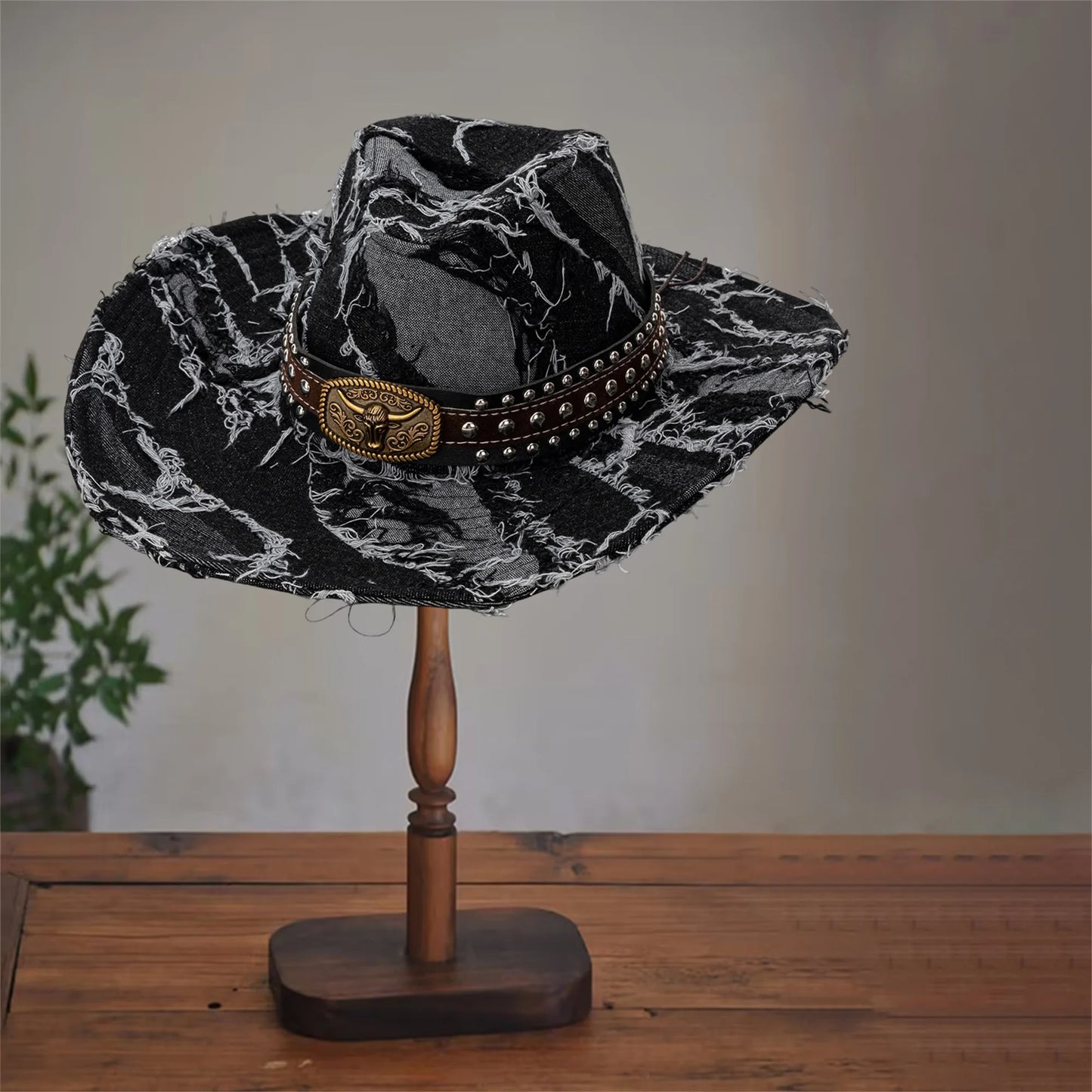 Denim Cowboy Hat With Bull Head Belt Distressed Wide Brim