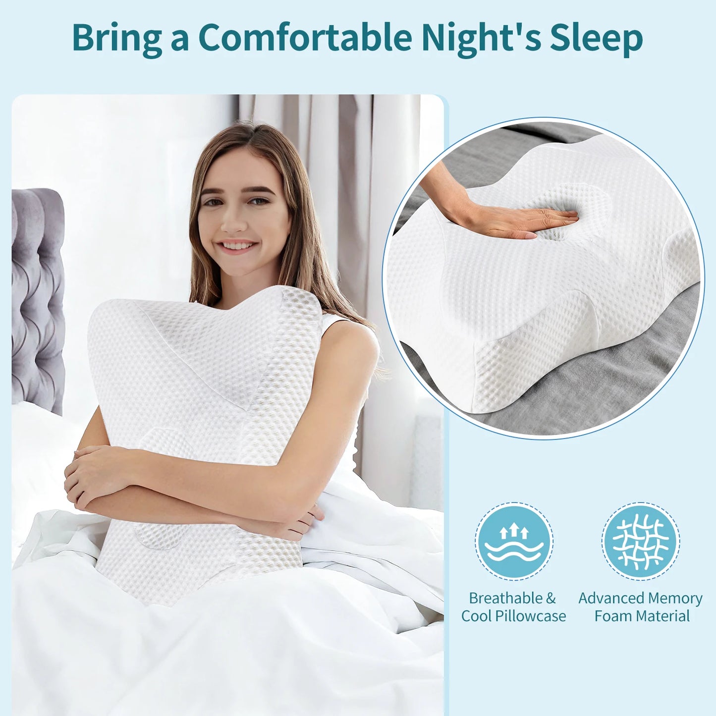 Ergonomic Neck Pillow Memory Foam Ventilated Cooling Washable Cover