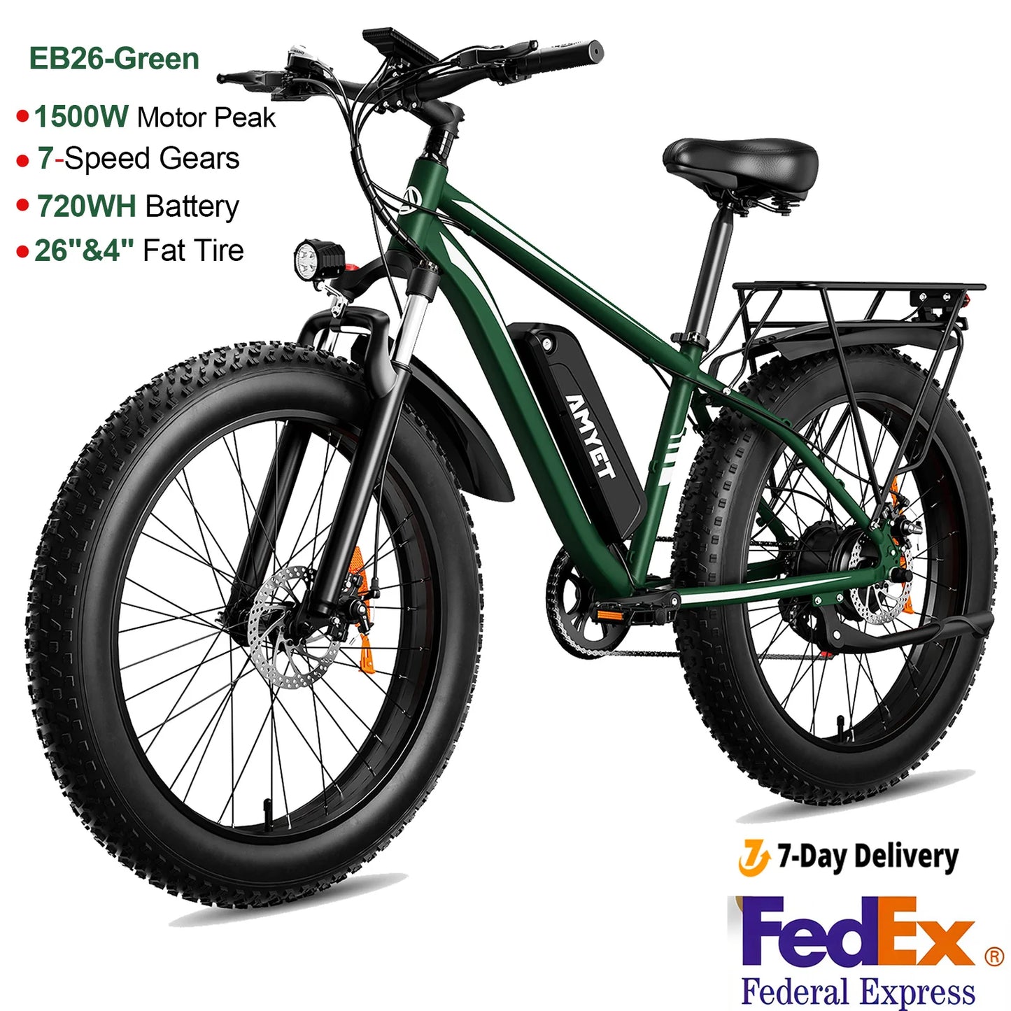 AMYET EB26 Electric Fat Tire Bike in green color with 1500W motor and fat tires for various terrains.