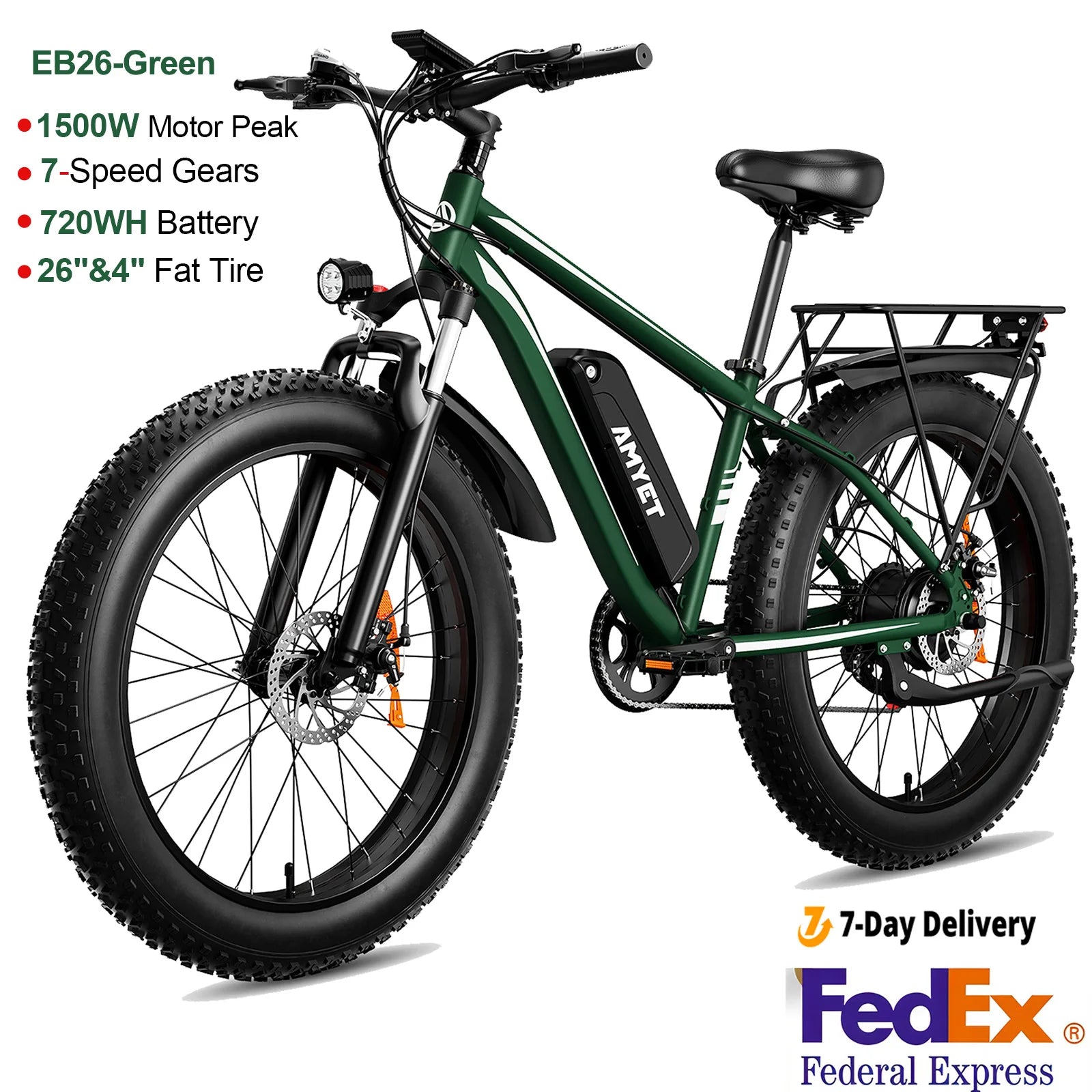 AMYET EB26 Electric Fat Tire Bike in green color with 1500W motor and fat tires for various terrains.