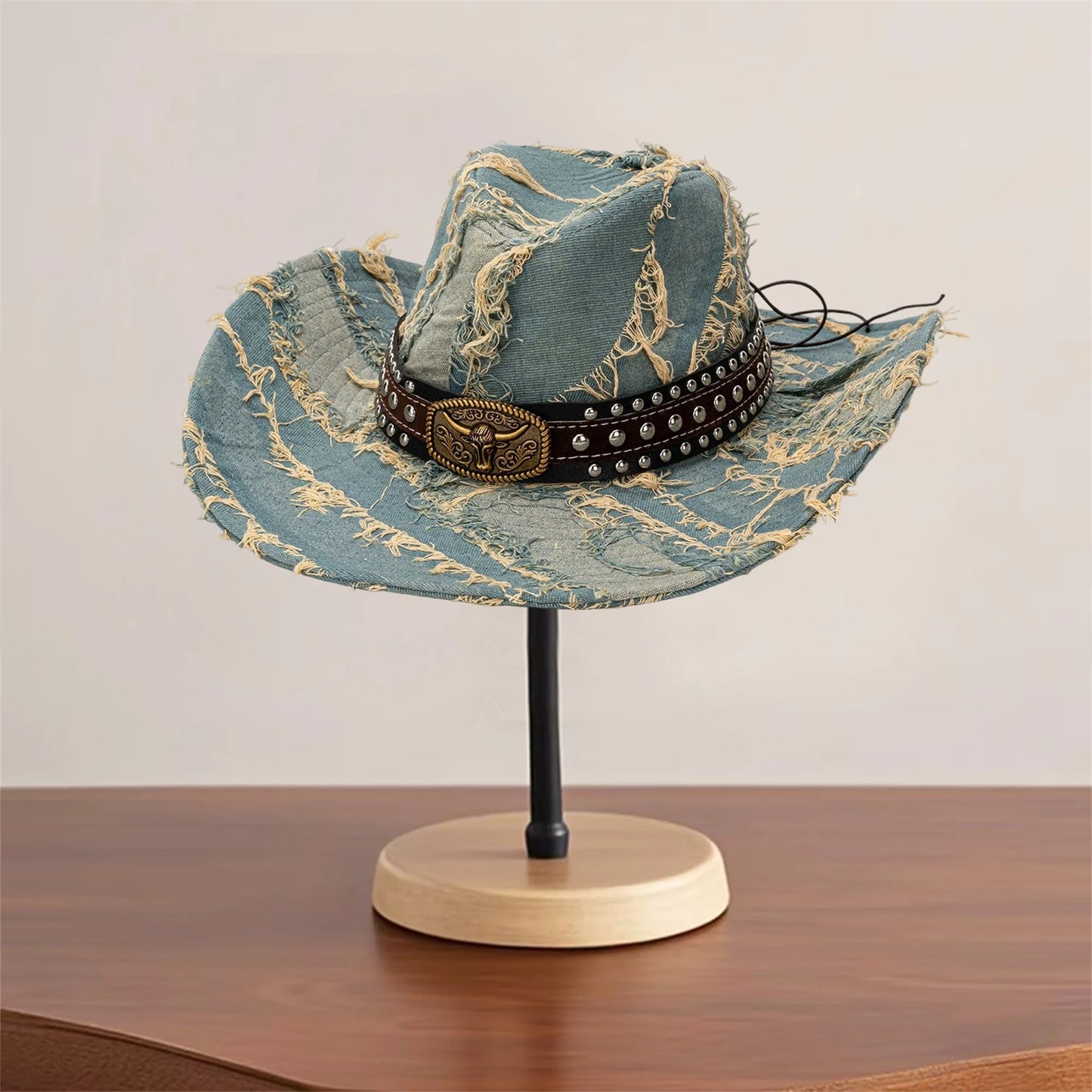 Denim Cowboy Hat With Bull Head Belt Distressed Wide Brim