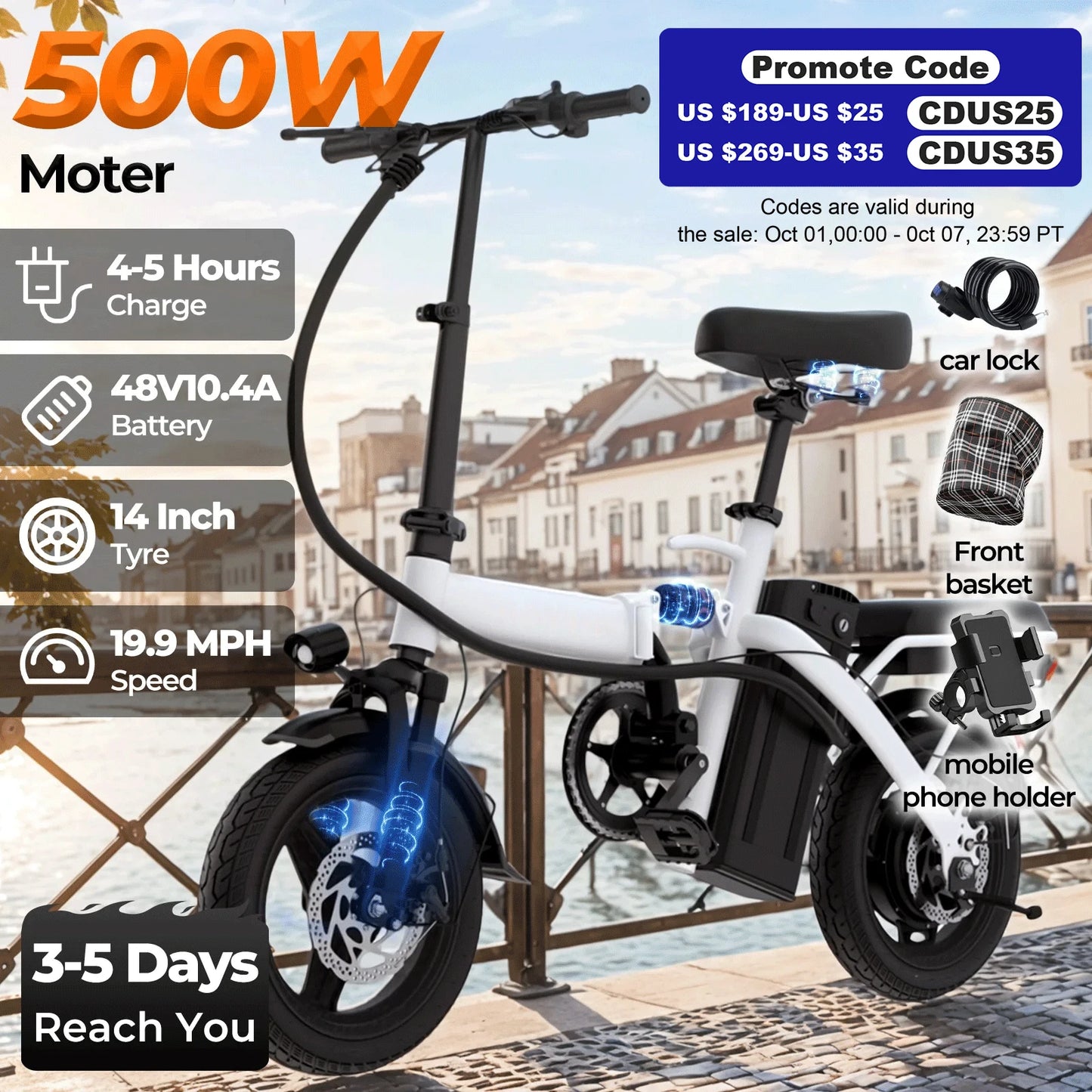 LELEKUAIC Folding Electric Bike for Adults Removable Battery 500W