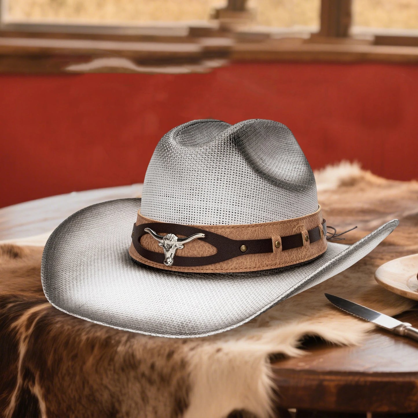 Unisex Straw Cowboy Hat With Bull Head Design Sun Protection